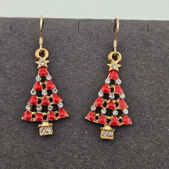 Gold Tone Christmas Tree Earrings Red Enamel With Rhinestone Dangle Drop Bold - Picture 1 of 3